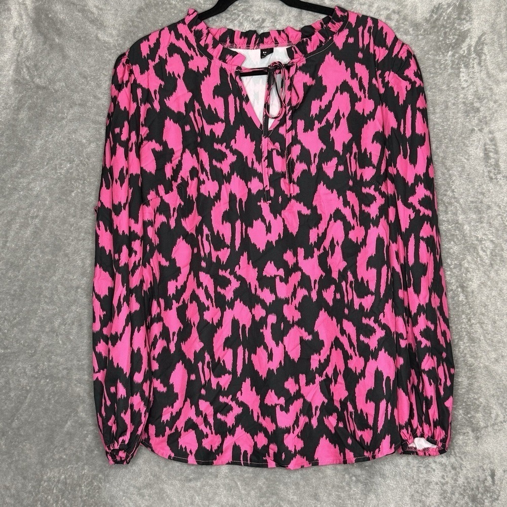 Shein 2X Top Shirt Pink Black‎ Cheetah Animal Print Long Sleeve Keyhole V Neck